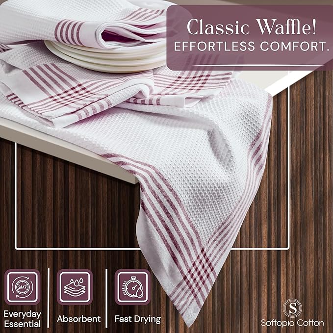 Waffle White & Burgundy Wine Dish Towels Set of 12, 100% Cotton, 16x26 inches, Reusable Cleaning Cloths for Drying Dishes, Quick Dry Kitchen Towel, Durable for Heavy-Duty Use