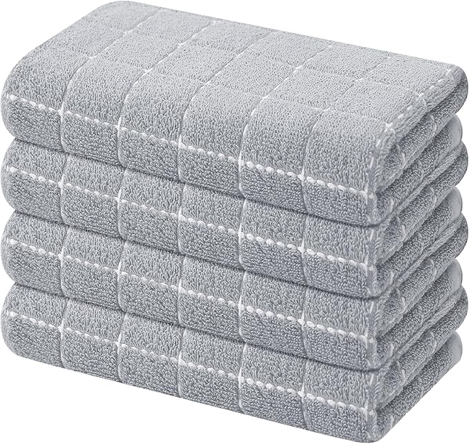 Mordimy 100% Cotton Terry Cloth Kitchen Towels, Super Soft and Absorbent Dish Towels for Drying, Checkered Designed Hand Towels for Kitchen, 16 x 26 Inches, 4 Pack, Light Grey
