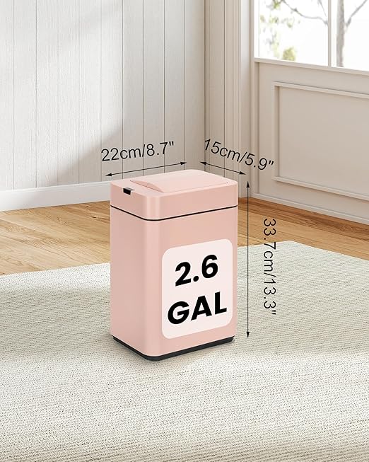 ELPHECO Bathroom Trash Can with Lid 2.6 Gallon Smart Trash Can Slim Motion Sensor Garbage Can Automatic Stainless Steel Wastebasket Bathroom Decor for Bedroom Office Toilet Pink