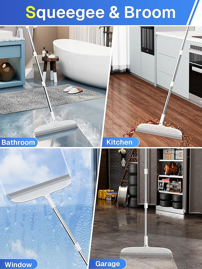 Silicone Floor Squeegee, 180° Rotating Air Broom, Squeegee for Floor with a Long Handle, Magic Broom for Water and Pet Hair Removal on Bathroom Floors, Tile, Deck and Glass, Indoor Cleaning Tool
