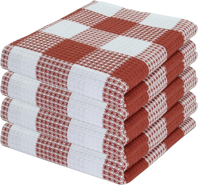 PurpleEssences Rust 100% Cotton Waffle Weave Check Plaid Kitchen Towels, Super Soft and Absorbent Dish Towels for Drying Dishes 15 x 25-4 Pack - Christmas Holiday Winter - Rust and White