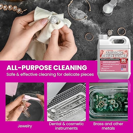 Maplefield Ultrasonic Jewelry Cleaner Solution 32oz – Concentrated Professional Jewelry Cleaning Formula for Ultrasonic Machines, Safely Removes Dirt, Grime & Tarnish from Gold, Silver & Gemstones
