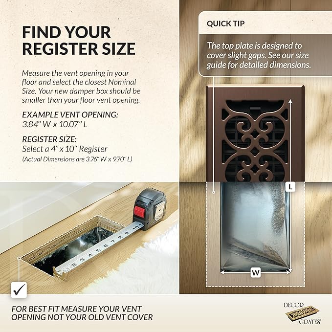 Decor Grates Metal Scroll Decorative Air Vent Cover 4x10 Floor Register – Adjustable Control Lever – AC Floor Vent Covers for Home Floor Vents – Fits 4 x 10 Inch Opening – Rubbed Bronze (SPH410-RB)