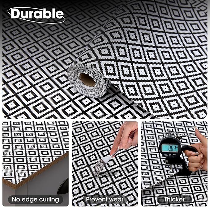 Drawer and Shelf Liner, Non-Slip Kitchen Cabinet Liners Non-Adhesive Thick Strong Grip Waterproof Washable Mats Protect Dresser Shelves Cupboard Bathroom Cabinets, Black & White, 12 in X 30 FT