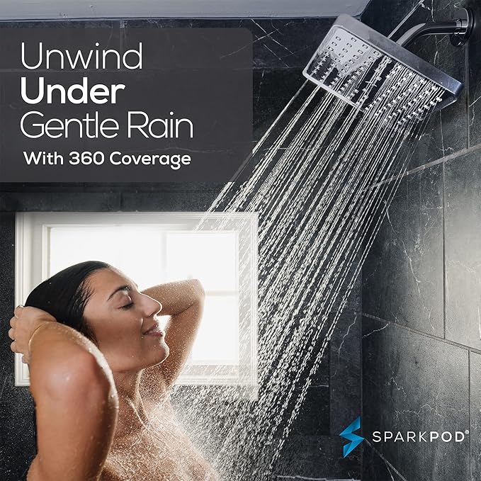SparkPod Shower Head - High Pressure Rain - Premium Quality Luxury Design - 1-Min Install - Easy Clean Adjustable Replacement for Your Bathroom Shower Heads (Charcoal Grey, 8 Inch Square)