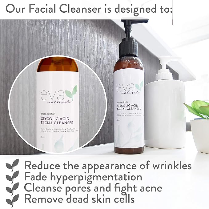 Eva Naturals Glycolic Acid Face Wash - Glycolic Acid Cleanser for Face (6 Fl Oz)
