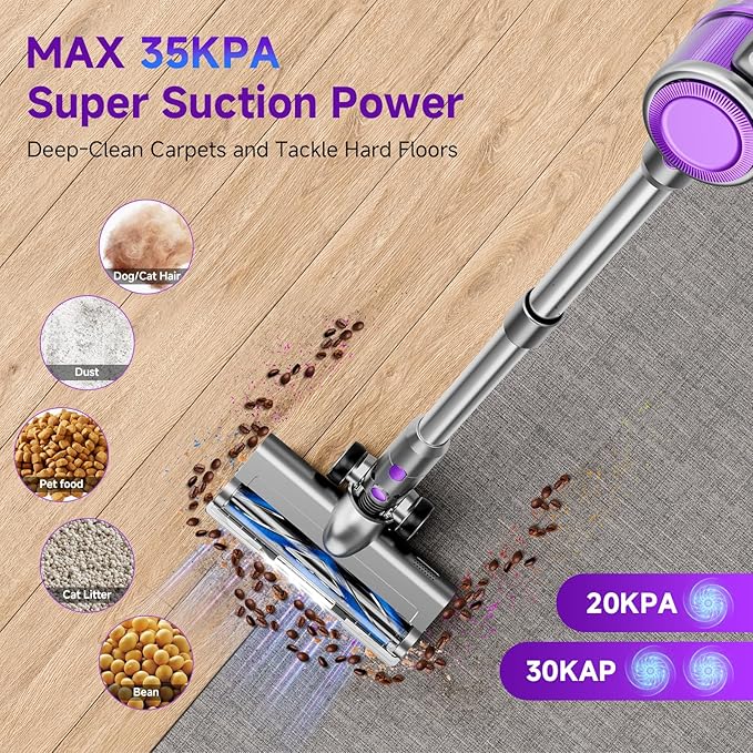 Cordless Vacuum Cleaner, 38Kpa Vacuum Cleaners for Home, 60Mins Lightweight Stick Vacuum with LED Display, Anti-Tangle & Wall Mount , 8 in 1 Lightweight Vacuum for Hard Floors Carpet Pet Hair,Purple