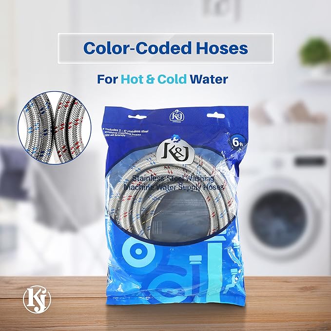 K&J Premium 6ft Washing Machine Hoses Burst Proof 2 Pack - Hot and Cold Water Supply Hoses for Washing Machines (Stainless Steel)
