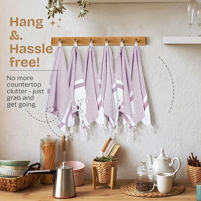 Burgundy Wine Turkish Kitchen Towels 16x26 Inch, 5 Pack, 100% Cotton, Ultra Absorbent, Soft, Fast Dry, Washable, Dish Towel with Tassels for Drying Dishes, Cleaning, Everyday Use