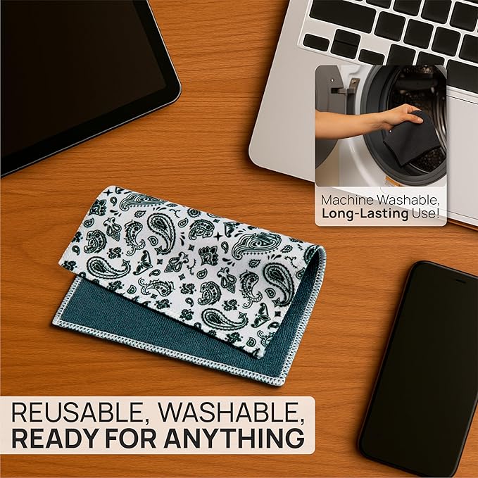 Quick Cloth Microfiber Glasses Cleaning Cloths – 8x8, Paisley White, 1 Pack with Case | Double-Sided Lens Cleaner for Eyeglasses, Camera, Screens & Glass | Reusable Microfiber Glass Polishing Cloths