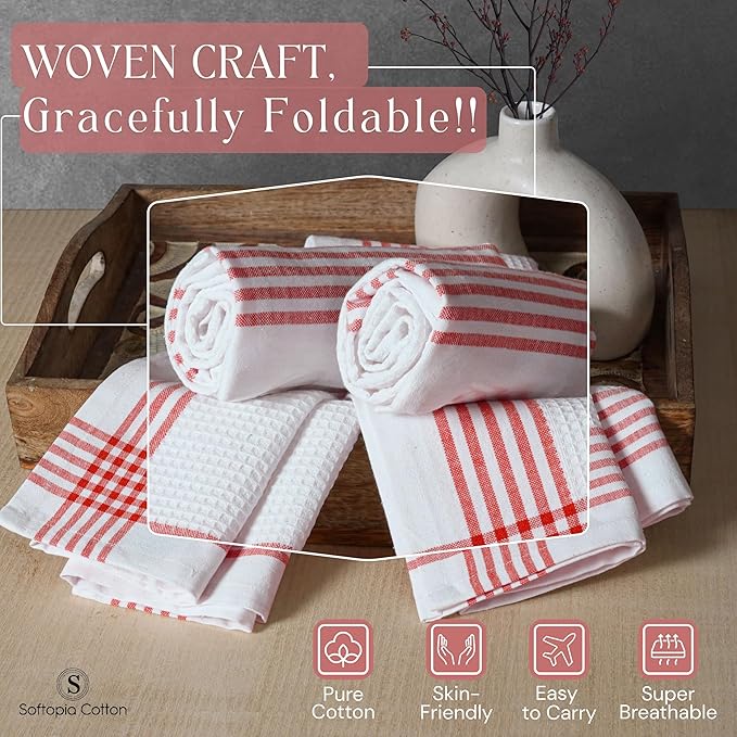 Waffle White & Multi Colors Kitchen Towels Set of 12, 100% Cotton, 16x26 inches, Durable Dish Towel, Quick Dry Dishcloths, Ideal for Drying, Wiping - Indigo Blue, Red, Dark Green