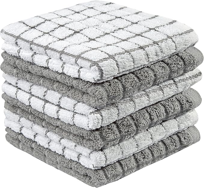 Bumble Premium Cotton Dish Cloths 12" x 12"| Grey Design | 405 GSM | Highly Absorbent & Soft Dish Towels | 100% Natural Ring Spun Cotton Kitchen Towel Set - 6 Pack