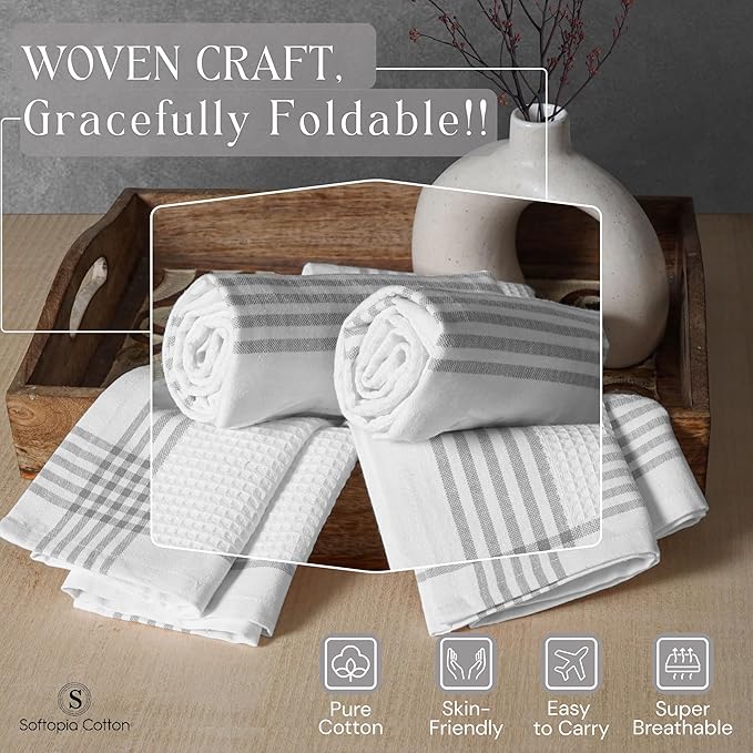 Waffle White & Grey Kitchen Towels 4 Pack, 100% Cotton, 16x26 inches, Quick Drying Dish Cloths, Absorbent Bar Mop Towels, Durable Kitchen Dishcloths Set for Daily Use