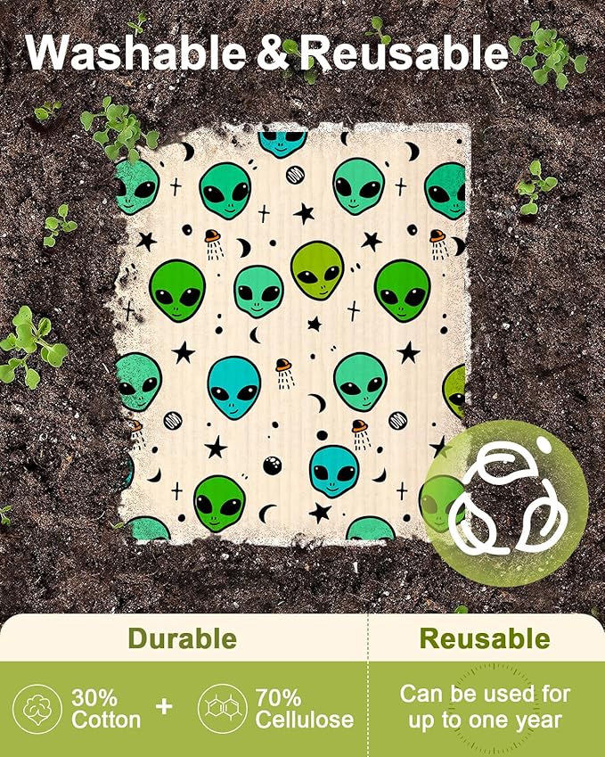 Swedish Dishcloths for Kitchen - 5 Pack Reusable Dish Cloths for Washing Dishes Absorbent Cute Funny Kitchen Towels Cleaning Sponge, Alien