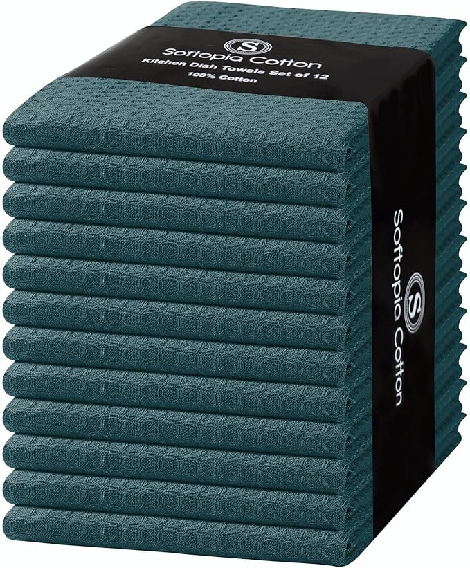 Teal Green Kitchen Towels – Waffle Weave, 100% Cotton, Soft & Absorbent, Fast Dry, Durable, 16x26 Inches, Perfect for Dish Drying, Bar, Cleaning, and Everyday Use, Set of 12, Teal