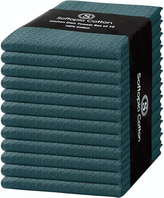 Teal Green Kitchen Towels – Waffle Weave, 100% Cotton, Soft & Absorbent, Fast Dry, Durable, 16x26 Inches, Perfect for Dish Drying, Bar, Cleaning, and Everyday Use, Set of 12, Teal