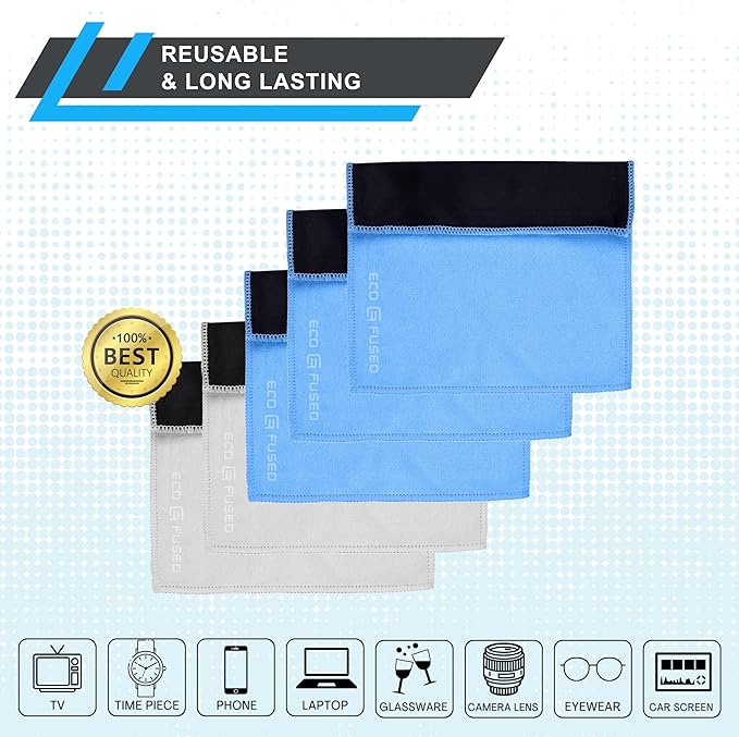 Eco-Fused Microfiber Cleaning Cloths - 5 Pack - Double-Sided Cleaning Cloths - Microfiber and Suede Cloth for Smartphones, LCD TV, Tablets, Laptop Screens, Camera Lenses (Blue & Grey - 5 Pack)