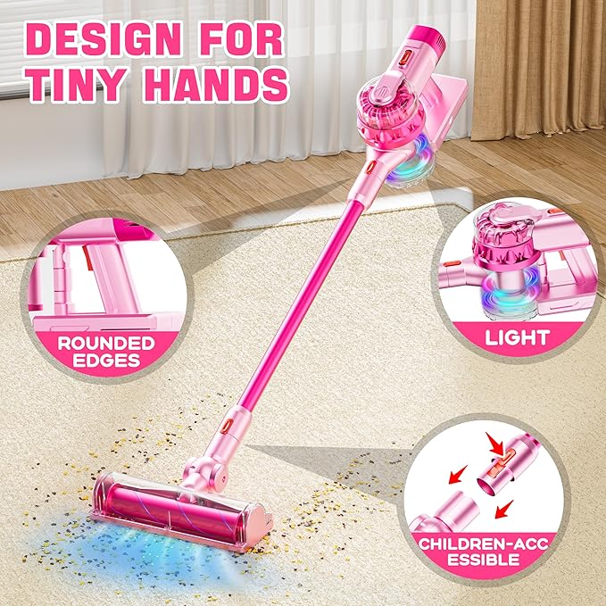 4-in-1 Kids Toy Vacuum That Works with Suction, Electric Toy Toddler Vacuum Cleaner for Children Ages 3 4 5 6+ Boys & Girls,Toddlers Toys Cleaning Set for Pretend Play (Pink)