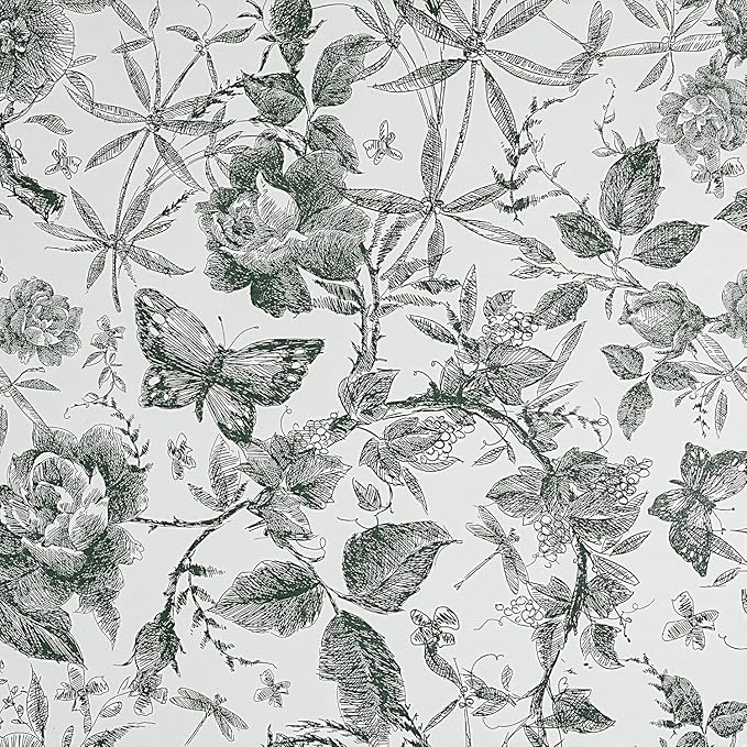 Drawers Liner Contact Paper for Dresser Peel and Stick Wallpaper Sketched Design 15.7x1000in Self Adhesive Removable Green Maroon Rose Floral Butterfly Vintage Cabinet Shelf Renter Friendly