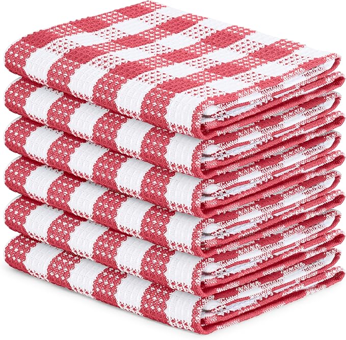 Blue Needles Waffle Weave Check Plaid Kitchen Towels, 15x25 Inches 100% Cotton Set of 6 Dish Towels for Kitchen, Soft & Absorbent for Quick Drying with Hanging Loop Spring Summer - Burgundy & White