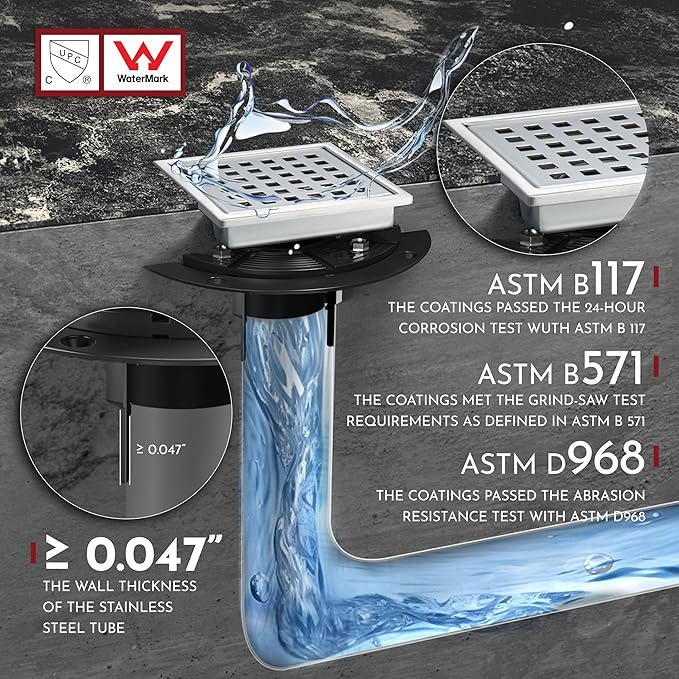 WEBANG 4 Inch Square Shower Floor Drain with Flange,Quadrato Pattern Grate Removable,Food-Grade SUS 304 Stainless Steel,Watermark&CUPC Certified,Brushed