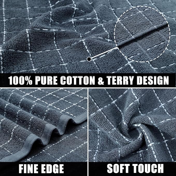 Mordimy 100% Cotton Terry Cloth Dish Cloths, Soft and Absorbent Checkered Dish Towels, Quick Drying Dish Rags for Washing Dishes, 8 Pack, 12 x 12 Inches, Grey
