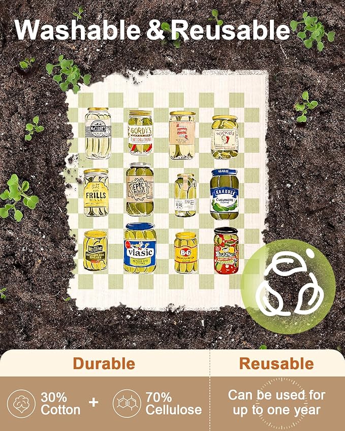 Swedish Dishcloths for Kitchen with Hooks - Reusable Dish Cloths for Washing Dishes Fast Drying Cute Fun 5 Pack Swedish Dish Towels Washable Cleaning Sponge, Cucumber
