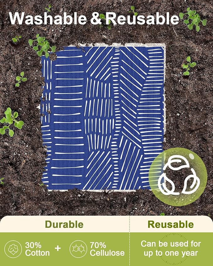 8 Pack Reusable Kitchen Swedish Dishcloths for Washing Dishes Cloths Absorbent Fast Drying Cleaning Sponge Cute Decorate Washable Swedish Towels, Blue Line