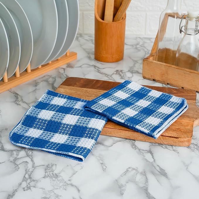 Blue Needles Waffle Weave Check Plaid Dish Cloths, 12x12 Inches 100% Cotton Set of 6 Dish Towels for Kitchen, Ultra Soft & Absorbent Kitchen Towels for Quick Drying Spring Summer - Sky Blue & White