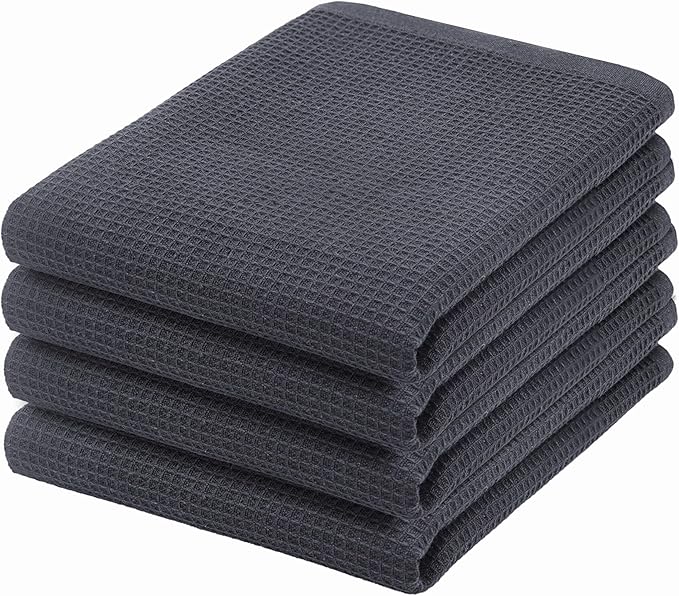 PurpleEssences Waffle Weave Kitchen Towel, 100% Cotton, 15x25 Inches, with Hanging Loop Ultra Soft Absorbent Quick Drying Dish Cloth, Tea and Hand Towels, 4 Pack - Christmas Holiday Winter - Dark Grey