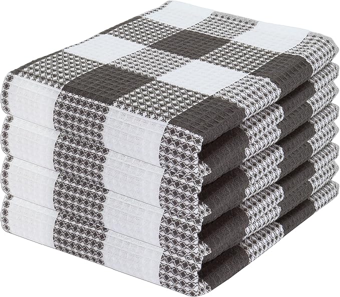 PurpleEssences 100% Cotton Waffle Weave Check Plaid Kitchen Towels, Super Soft and Absorbent Dish Towels for Drying Dishes 15 x 25-4 Pack - Christmas Holiday Winter - Steel Grey and White