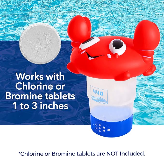 440 Pool Chlorine Floater Dispenser, Fits Up to 3 Pieces of 3-Inch Chlorine Tabs, Adjustable Flow, Control, Heavy-Duty Plastic - Suitable for Small & Large Pools - 8 Ounces | Cartoon Crab