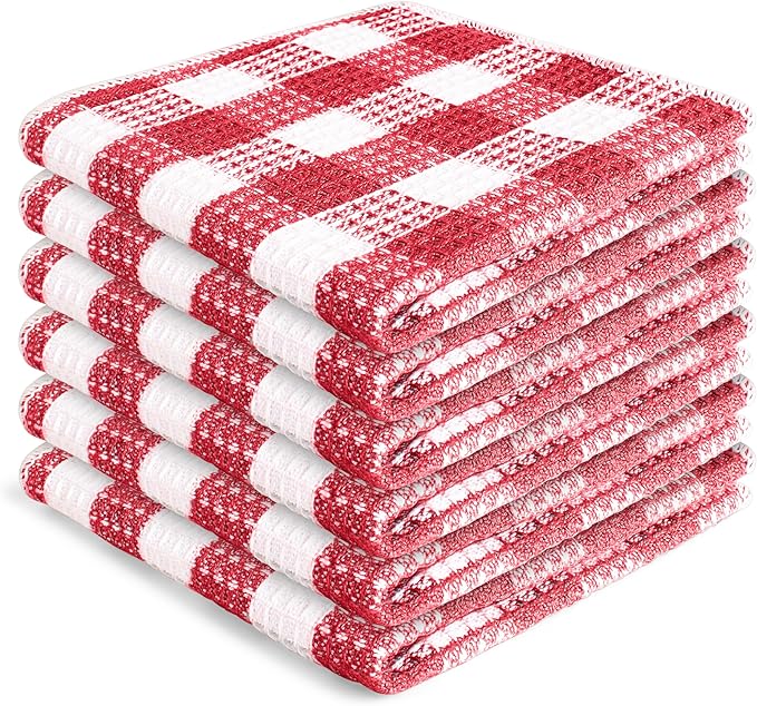 Blue Needles Waffle Weave Check Plaid Dish Cloths, 12x12 Inches 100% Cotton Set of 6 Dish Towels for Kitchen, Ultra Soft & Absorbent Kitchen Towels for Quick Drying Spring Summer - Burgundy & White