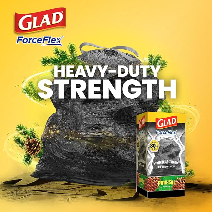 Glad Large 30 Gallon Trash Bags, Pine-Sol Heavy Duty Garbage Bags, Forceflex with Drawstring, 25 Count (Packaging May Vary)