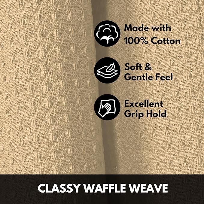 Beige Kitchen Dish Towels Set of 4-100% Cotton Waffle Weave, Super Absorbent, Soft, Quick Drying, 16x26 Inches, Ideal for Cleaning, Bar, Tea, and Everyday Use, Tan