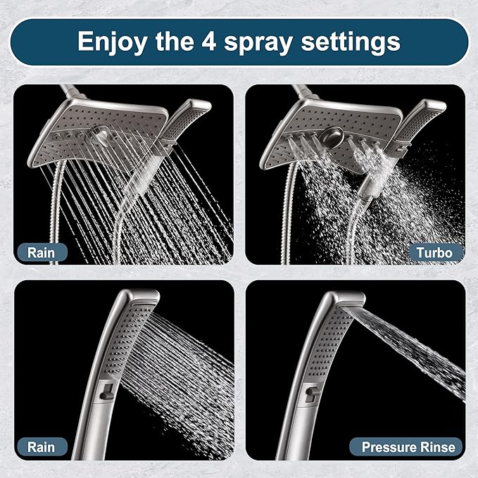 BRIGHT SHOWERS High Pressure Shower Head Combo with Two Spray Setting Fixed Shower Head and Two Spray Settings Handheld Shower Head with Grey Face, Brushed Nickel