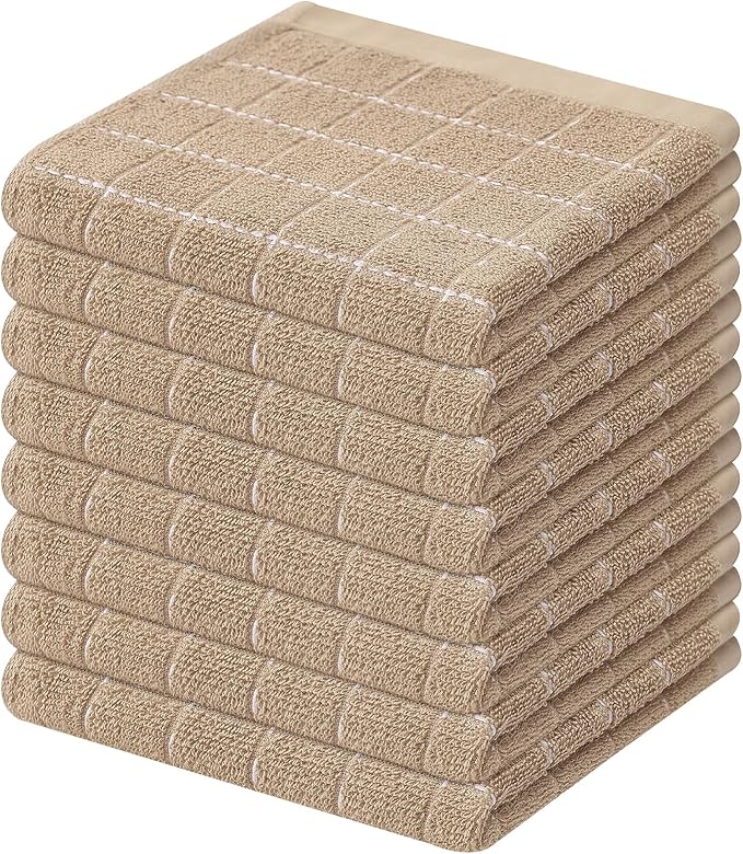 Mordimy 100% Cotton Terry Cloth Dish Cloths, Soft and Absorbent Checkered Dish Towels, Quick Drying Dish Rags for Washing Dishes, 8 Pack, 12 x 12 Inches, Tan