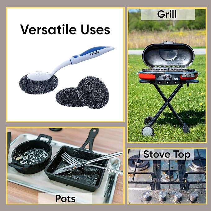 BBQ Grill Brush Bristle Free Stainless Steel Scrubber Cleaner Dishwashing Brush with Long Handle, Great for Pots, Pans, Stove, Cast Iron, Gas/Charcoal/and Electric Grills, Griddle Blue (2 Refills)