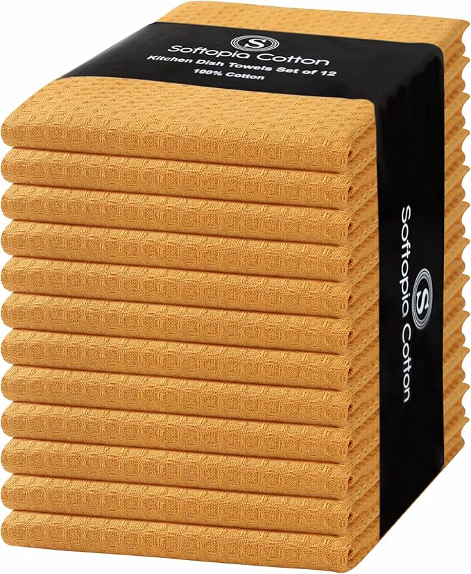 Yellow Waffle Kitchen Dish Towels, 100% Cotton, Quick Dry, Super Absorbent, Soft, 16x26 Inches – Ideal for Dish Drying, Bar, Tea, Cleaning, and Everyday Use, 12 Pack, Mustard Yellow