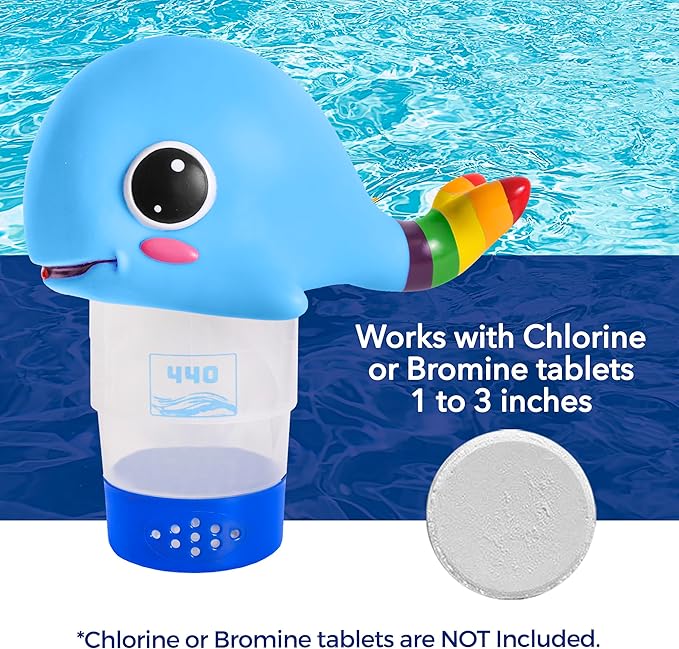 440 Pool Chlorine Floater Dispenser, Fits Up to 3 Pieces of 3-Inch Chlorine Tabs, Adjustable Flow, Control, Heavy-Duty Plastic - Suitable for Small & Large Pools - 8 Ounces | Cartoon Whale