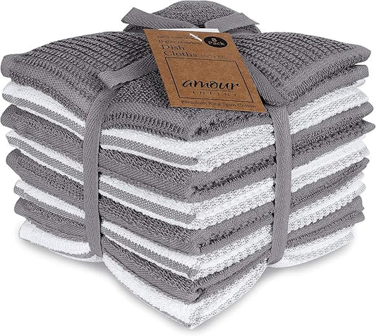 AMOUR INFINI Dish Cloths for Washing Dishes Set of 8 - Highly Absorbent, Super Soft Kitchen Dishcloths - Reusable Quick Dry Dish Rags for Cleaning & Drying Kitchen Linens (12x12 Inch - L.Grey)